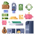 Money icons set. Finance, banking, investment and commerce symbol. ATM, terminal, dollars, piggy bank illustration.