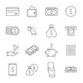Money icons set. Line icons coins, cash back, line style black, credit card, wallet and other icons isolated on white