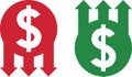 Money increase and decrease icons. Low or high total cost icon. Price, sale, rate or profit going up or down symbol Royalty Free Stock Photo
