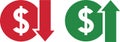 Money increase and decrease icons. Low or high total cost icon. Price, sale, rate or profit going up or down symbol Royalty Free Stock Photo