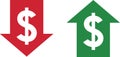 Money increase and decrease icons. Low or high total cost icon. Price, sale, rate or profit going up or down symbol Royalty Free Stock Photo