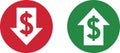 Money increase and decrease icons. Low or high total cost icon. Price, sale, rate or profit going up or down symbol Royalty Free Stock Photo