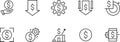 Money increase and decrease icons. Low or high total cost icon. Price, sale, rate or profit going up or down symbol Royalty Free Stock Photo