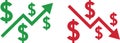 Money increase and decrease icons. Low or high total cost icon. Price, sale, rate or profit going up or down symbol Royalty Free Stock Photo