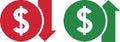 Money increase and decrease icons. Low or high total cost icon. Price, sale, rate or profit going up or down symbol Royalty Free Stock Photo