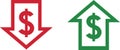 Money increase and decrease icons. Low or high total cost icon. Price, sale, rate or profit going up or down symbol Royalty Free Stock Photo