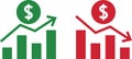 Money increase and decrease icons. Low or high total cost icon. Price, sale, rate or profit going up or down symbol Royalty Free Stock Photo