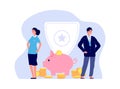 Money insurance. Bank managers, man woman and piggy bank with coins. Business safety, investment security illustration