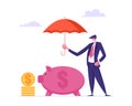 Money Insurance Concept with Businessman Holding Umbrella Under Piggy Bank. Money Protection Financial Savings Royalty Free Stock Photo