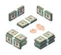 Money isometric. Cash gold coins and dollars finance banking symbols vector collection set Royalty Free Stock Photo