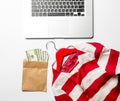 Money, jacket, hanger and laptop Royalty Free Stock Photo