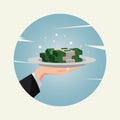 Money in jar on tray in hand vector illustration