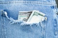 Money in jeans pocket. one hundred dollar bill is in my pocket Royalty Free Stock Photo