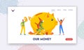 Money Landing Page Template. Finance, Investment Crisis Concept. Tiny Business Characters Stand at Broken Piggy Bank