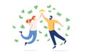 Money Lane flies and two business people jump and do a high five. Modern style vector design illustrations. Royalty Free Stock Photo