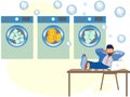 Money laundering. A man in dry cleaning erases dolar and bitcoins. In minimalist style Cartoon flat raster Royalty Free Stock Photo