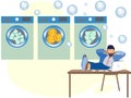 Money laundering. A man in dry cleaning erases dolar and bitcoins. In minimalist style Cartoon flat Vector Royalty Free Stock Photo