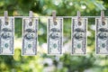 Money Laundering. Money Laundering US dollars hung out to dry. 100 dollar bills hanging on clotheslines Royalty Free Stock Photo