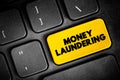 Money Laundering is the process of concealing the origin of money, obtained from illicit activities, text concept button on