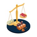 Money or law vector illustration. Corrupt practices isometric concept