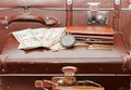 Money lays on an old suitcase