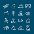 money line icon, money pouch, coins, dollar bills, credit card, suitcase full of money Royalty Free Stock Photo