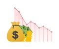 Money loss. Cash with down arrow stocks graph, concept of financial crisis, market fall, bankruptcy. Vector stock illustration Royalty Free Stock Photo