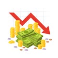 Money loss. Red down arrow stocks graph with cash pile. Financial crisis, investment expenses, economic depression