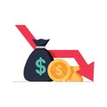 Money loss vector illustration, flat cartoon cash with down arrow stocks graph, concept of financial crisis, market fall