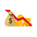 Money loss vector illustration, flat cartoon cash with down arrow stocks graph, financial crisis concept, market fall