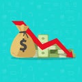 Money loss vector illustration, flat cartoon paper cash with down arrow stocks graph, financial crisis, market fall Royalty Free Stock Photo