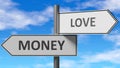 Money and love as a choice - pictured as words Money, love on road signs to show that when a person makes decision he can choose