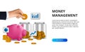 Money management finance diversification golden coin with glass bottle and pink piggy bank chart