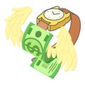 Money management icon isometric vector. Wristwatch and dollar banknote with wing