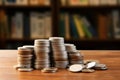 Money matters, silver coins on wood for business concept