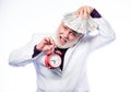 Money. mature man with beard hold money. clock show time. time is money. time management. business success. retirement Royalty Free Stock Photo