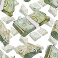 Money monochrome vintage seamless pattern with falling dollar bills rolls and stacks of one hundred US dollar banknotes watercolor Royalty Free Stock Photo