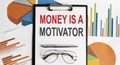 MONEY IS A MOTIVATOR written on white page with office tools and charts