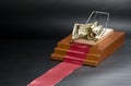 Money in a mousetrap on the red carpet and black background. Royalty Free Stock Photo