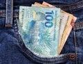 money notes from brazil in jeans pocket. money from brazil. earn money. Real, Currency, Money, Dinheiro, Reais, Brasil.