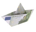 Money origami business or economics or banking concepts. 100 Euro bill boat. Paper folded ship. 3D illustration