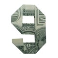 Money Origami DIGIT 9 Number Folded with Real One Dollar Bill Isolated Royalty Free Stock Photo