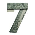 Money Origami DIGIT 7 NumbeR Real One Dollar Bill Isolated on White Background
