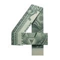 Money Origami DIGIT 4 Number Real One Dollar Bill Isolated on White Background Royalty Free Stock Photo
