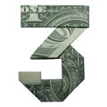 Money Origami DIGIT 3 Number Folded with Real One Dollar Bill Isolated on White Royalty Free Stock Photo