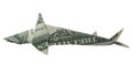 Money Origami Great White SHARK Real One Dollar Bill Isolated on White Background