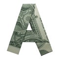 Money Origami LETTER A Character Folded with Real One Dollar Bill Isolated on White