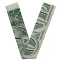 Money Origami LETTER V Character Folded with Real One Dollar Bill Isolated Royalty Free Stock Photo