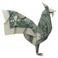 Money Origami ROOSTER Bird Folded with Real One Dollar Bill Isolated on White Background