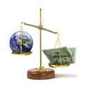 Money outweighing the earth on a scale representing greed & political corruption money being more powerful and important Royalty Free Stock Photo